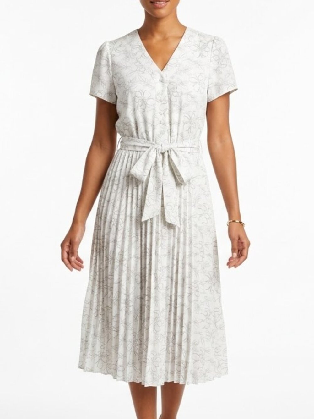 Ashly & Sage Floral Pleated Midi Dress – Cream/Taupe – Size Medium